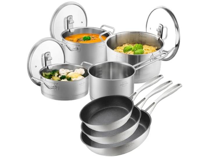 SILBERTHAL Pfannen und Topfset 12-teilig Beschichtet Edelstahl Induktion Fettarm braten und schmoren. 4 Töpfe mit Glasdeckel & 3 Pfannen, auf jedem Herd