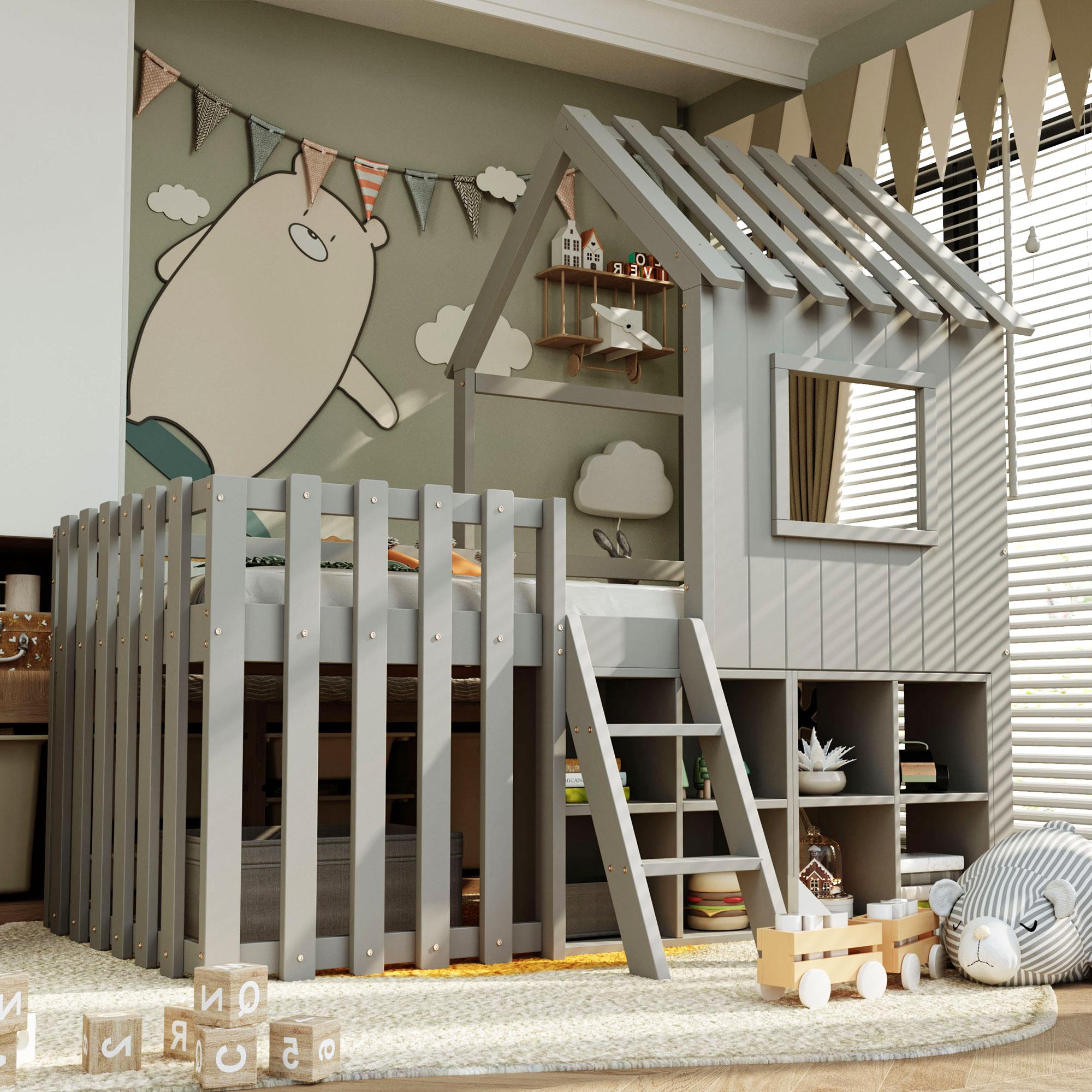 Kinderbett Hausbett 90×200 cm, mit Dach und Fenster, offenem Stauraum, Kletterleiter, Massivholz-Kinderbett ohne Matratze, grau