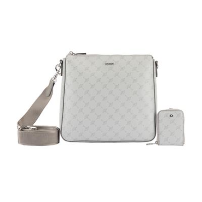 Umhängetasche JOOP "cortina 1.0 jasmina shoulderbag mvz", Damen, Gr. B/H/T: 25cm x 25cm x 6cm, frost grau, Lederimitat, Taschen Umhängetasche, Damen Schultertasche, mit typischem Musterdruck