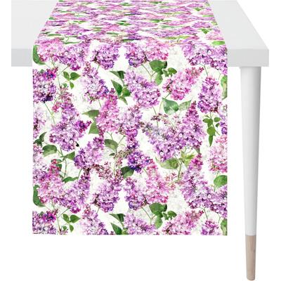Tischläufer APELT "6820 SPRINGTIME, Frühjahrsdeko, Frühling", bunt (flieder, weiß, grün), B:48cm L:140cm, Baumwolle, Polyester, Tischdecken, mit Blütenmotiv, Digitaldruck, Flieder All-Over