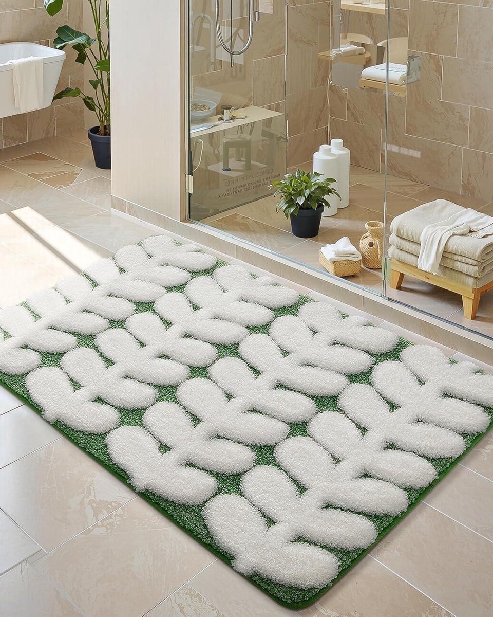 Groene antislip badkamermat met hoge pluizenstructuur, 61 x 110 cm