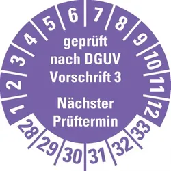 Dreifke® Prüfplakette Gepr.n. DGUV Vorschrift 3 28-33, violett, Schachbrettfolie, Ø30mm, 18 Stk.