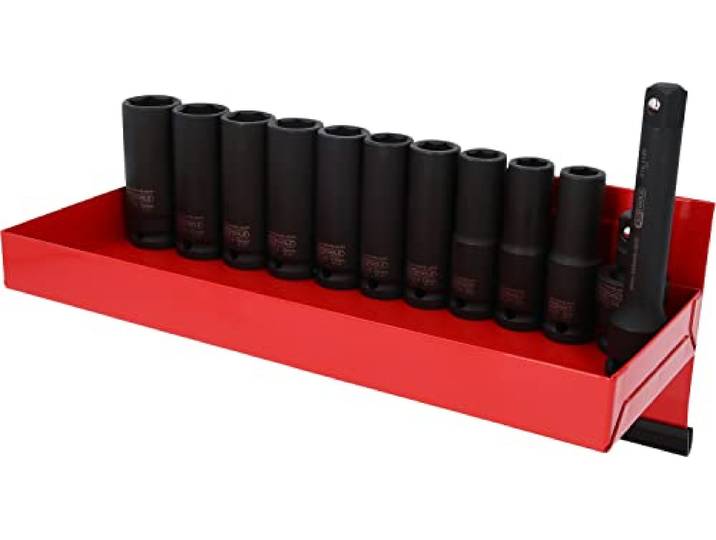 KS Tools 515.0612 Présentoir de douilles longues à chocs 1/2\ 13 pièces Présentoir de 10 douilles à chocs longues 1/2''\, 12 à 22 mm\, cardan et rallonge
