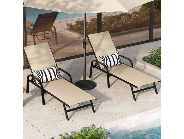 Lot de 2 Transats Pliables - Allongeur Jardin avec Dossier Réglable - Structure Acier Beige