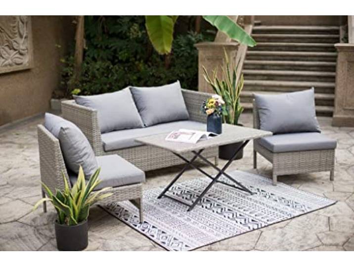 Ondis24 fertiges Gartenmöbel Set Los Angeles, Sitzgruppe für 4 Personen, Gartenset mit Tisch Schirm Sitzkissen, Balkonmöbel Essgruppe Garten, Lounge Sitzgarnitur