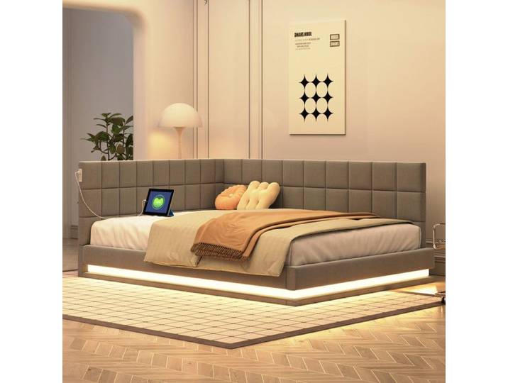 Canapé-lit 140x200 - Tissu velours - LED - USB - Sommier à lattes robuste