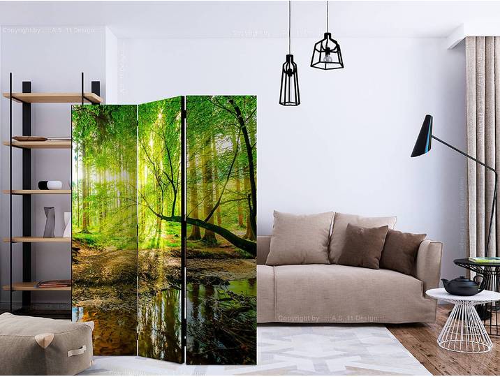 Paravent Forest Stream 1-seitig Vlies auf Kiefer Massiv Grün 135 x 172 x 3cm