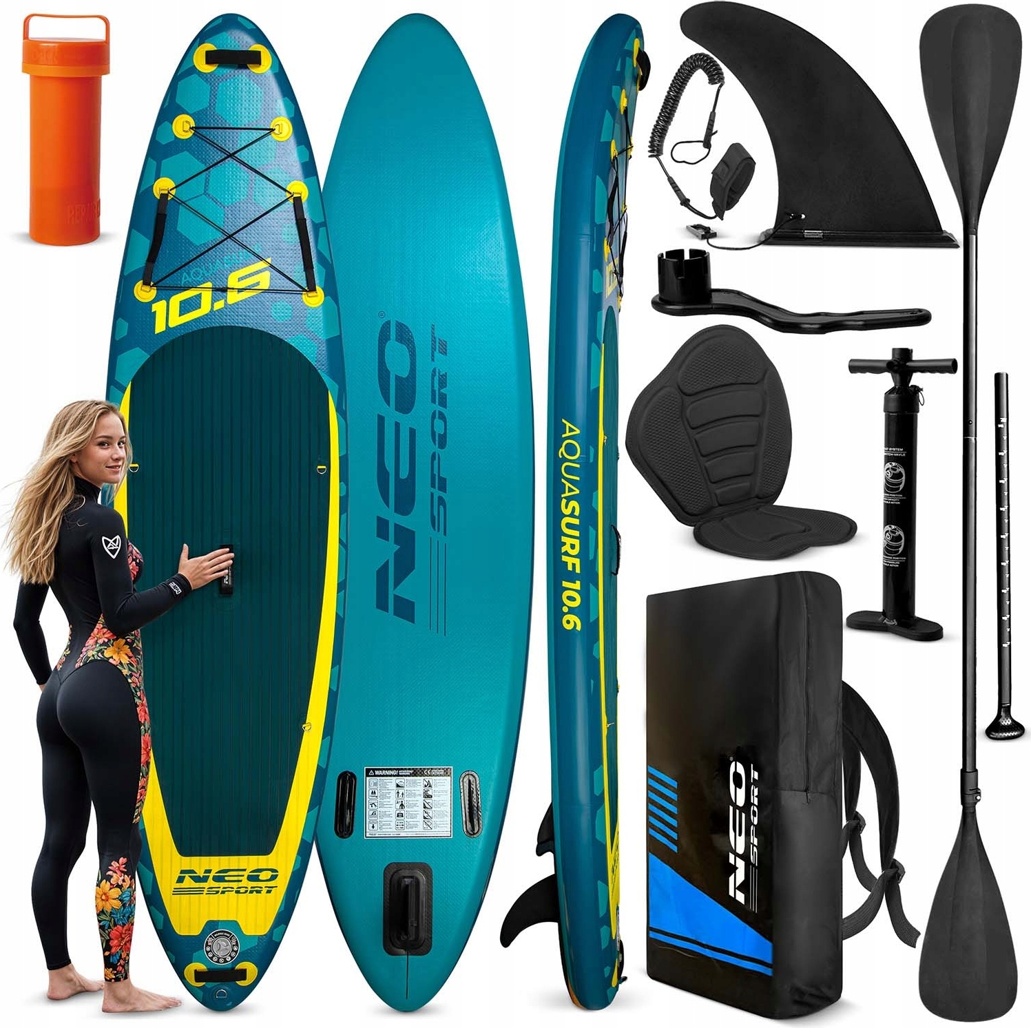 Aquasurf SUP-Board 320 cm mit Komplettset: Paddel, Pumpe, Rucksack, Sitz