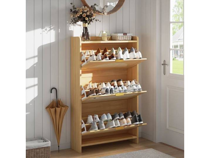 Armoire à chaussures bois portes rotin tiroirs basculants étagères réglables étroite entrée couloir chambre