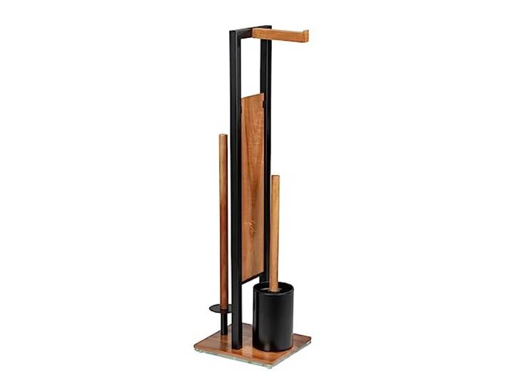 WENKO Rivalta Brosse WC sur pied en acier laqué noir et bois d'acacia avec brosse WC et porte-papier toilette\, dimensions 18 x 70 x 23 cm\, marron