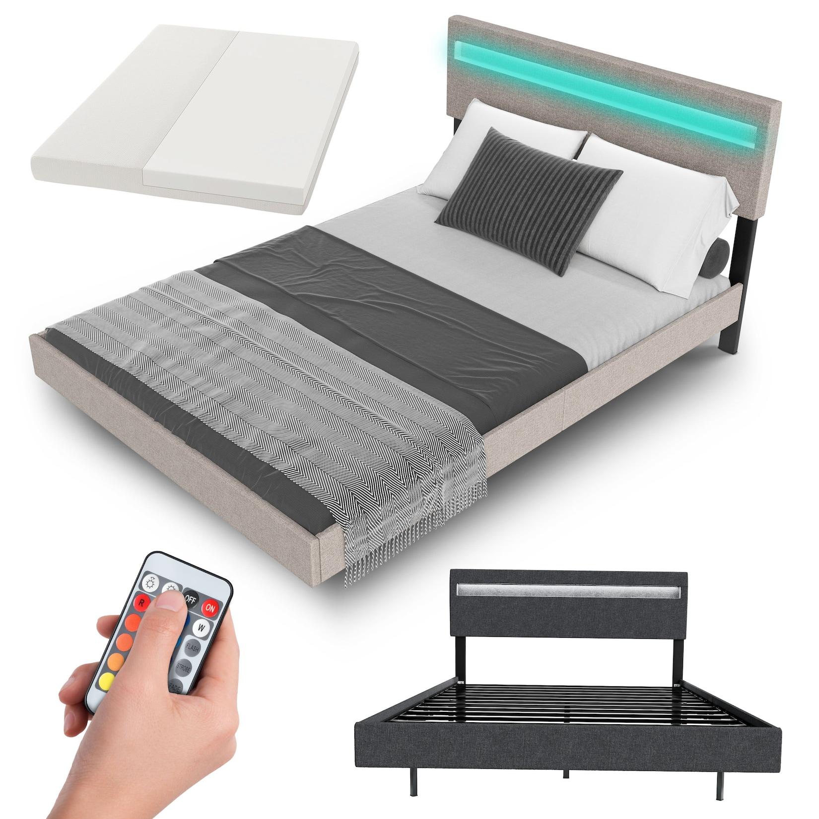 Juskys Schwebebett Lissabon 140 x 200 cm - mit Matratze, Schwebendes Design & LED-Beleuchtung - beige