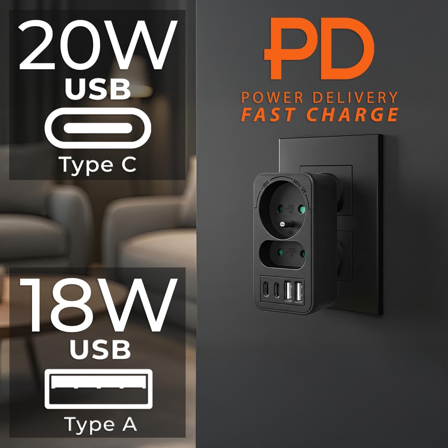 Maclean MCE249 Splitter met 2 stopcontacten en 4 USB-poorten (2x USB-A en 2x USB-C PD 20W)