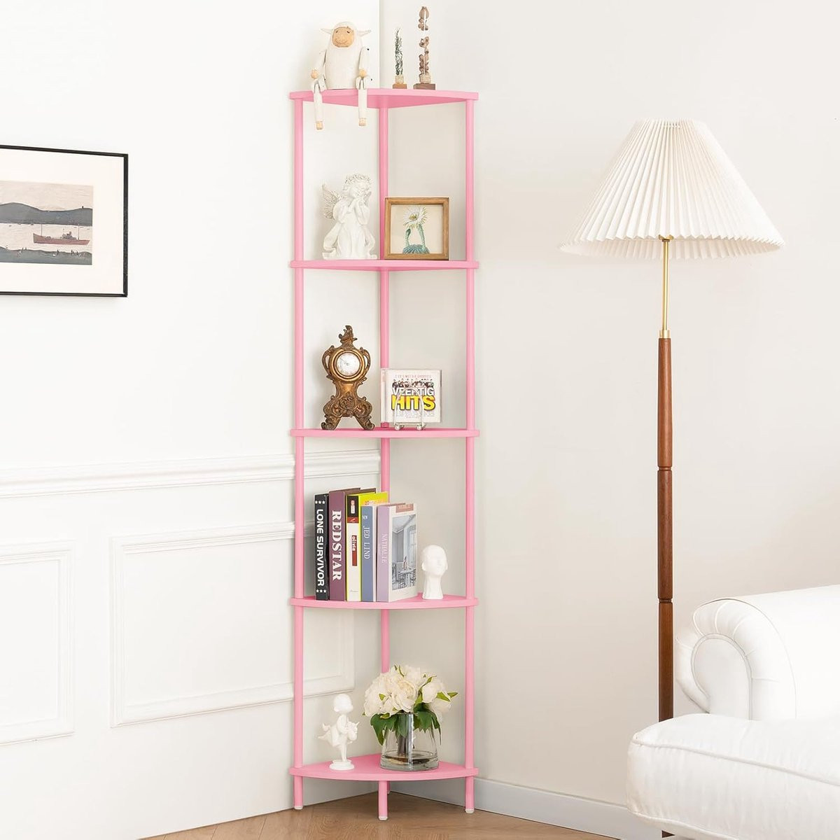 Roze Hoekrek Boekenkast met Robuust Stalen Frame, Hoogte: 166 cm