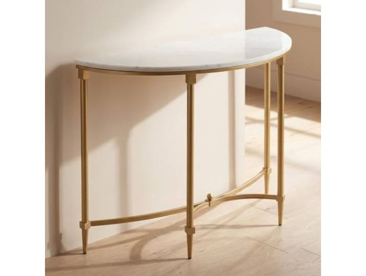 Moderner Konsolentisch Halbrund, Schmaler Flurtisch mit Gold Metallgestell Halbrunder Flurtisch, Gold Metallrahmen, Marmor-Optik, Kompaktes Design, Vielseitig(47.2in*11.8in)