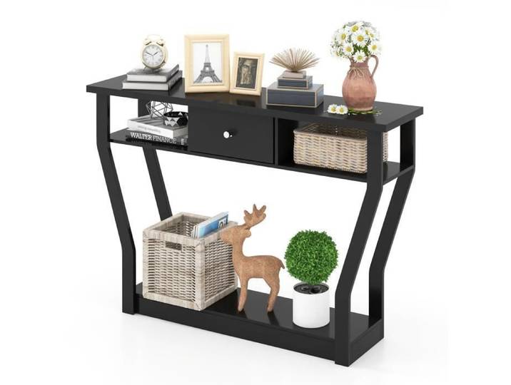 Table Console COSTWAY avec 1 Tiroir et 2 Compartiments de Rangement Style Campagne Noir