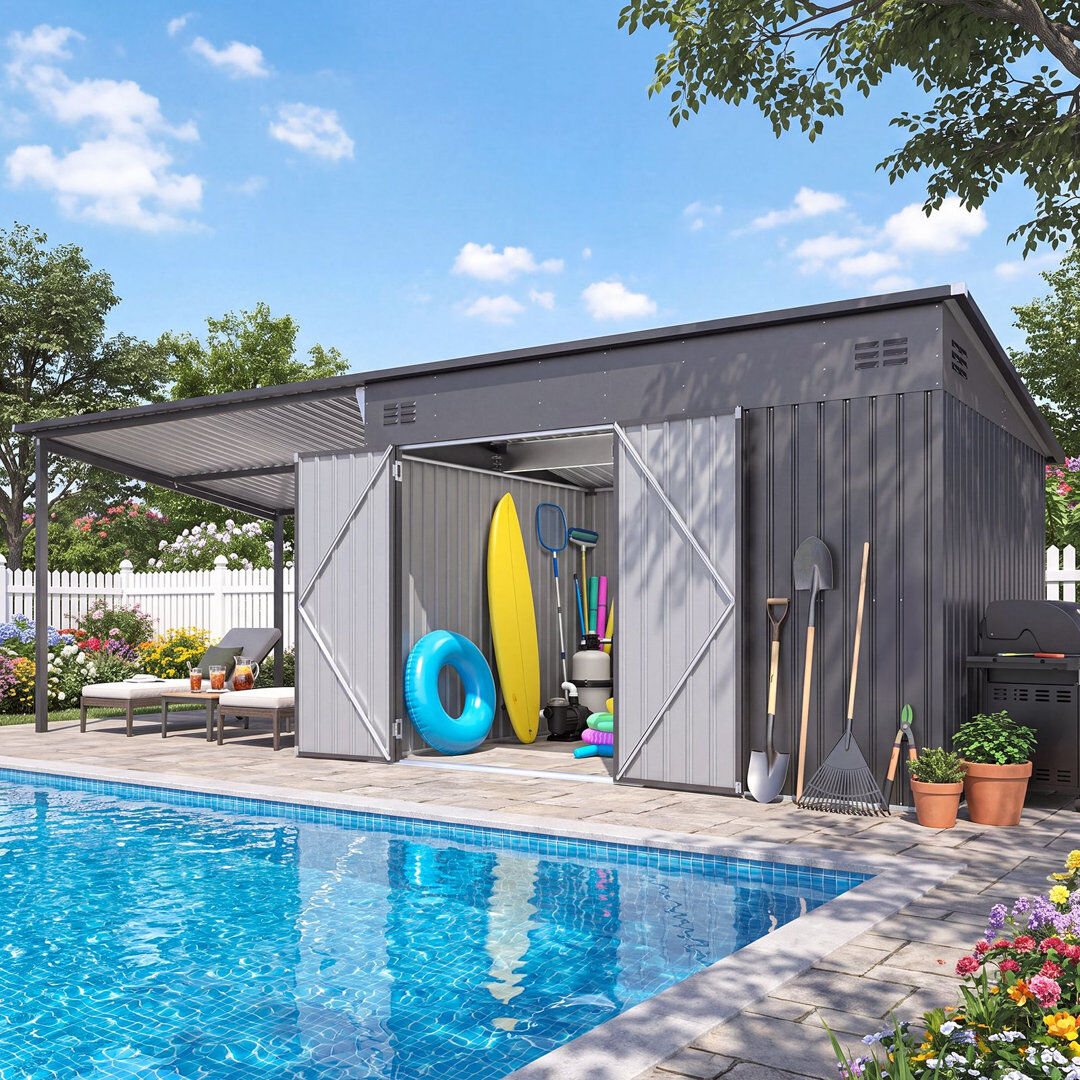AECOJOY 20x8 FT 2-in-1 Metal Storage Shed with Hardtop Pergola Combo, All-Weather Outdoor Tool Shed with Reversible Mounting, Lockable Door and Vents Gray 594cm W X 237.7cm D X 196.6cm H