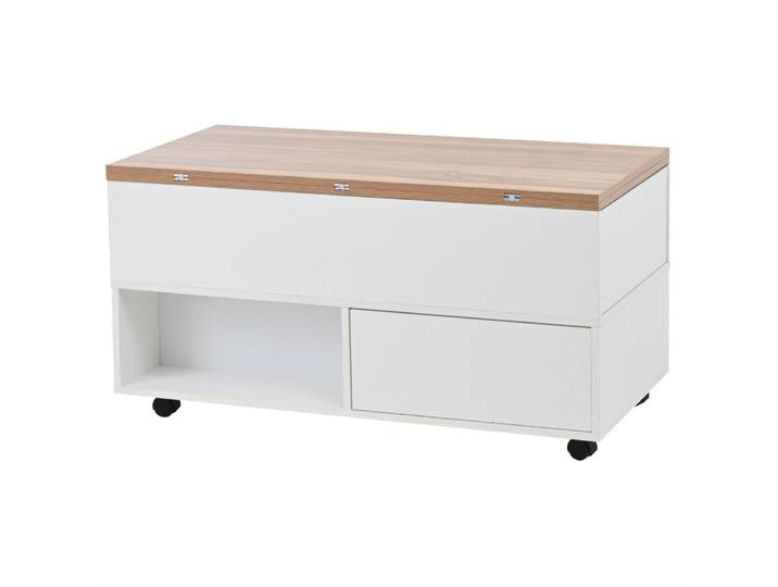 Table basse relevable blanc et aspect bois