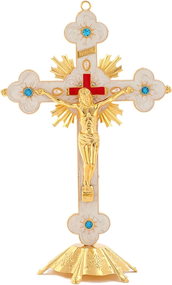 Groot Staand Kruisbeeld met Sokkel - Gedetailleerd Metalen Kruis voor Christelijke Decoratie