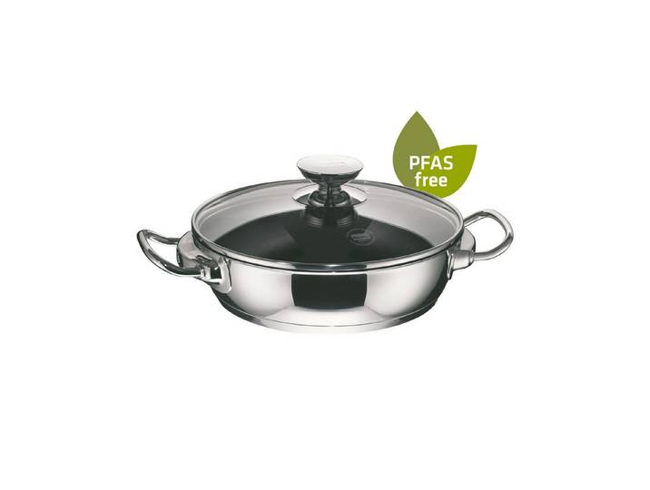 Berndes Servierpfanne mit Glasdeckel 28 cm, Edelstahl, poliert - Injoy® PFAS-frei, Edelstahl, nickelfrei