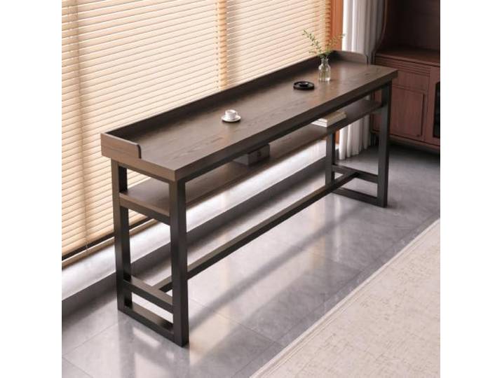 Hoher schmaler Küchenbartisch, Industrieller rechteckiger Bartisch Schmaler Sofatisch mit Metallrahmen, schmaler Konsolentisch für die Küche(Oak(Double layer),63 Lx11.8 W)