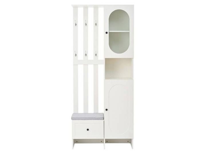 Meuble Entrée 85x33 5x200cm avec 2 portes rangement verre trempé penderie + banc à chaussures avec coussin - Blanc
