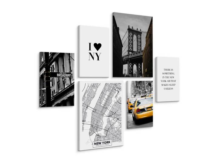 Muralo Leinwandbilder 6-er Set NY Architektur, Schwarz, Weiß, Grau, Sprichwort/Zitat, Stadtarchitektur, Rechteckig, 90x80 cm, Bilder & Rahmen, Bilder