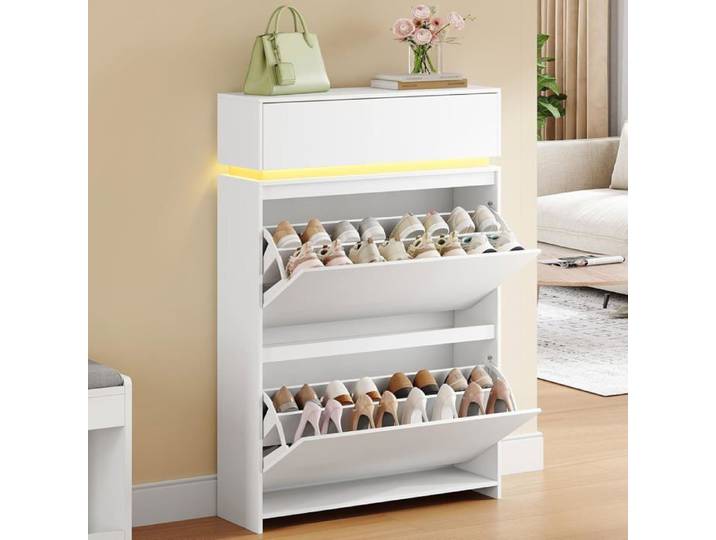 Meuble à Chaussures Armoire à Chaussures Étroit avec LED Étagère à Chaussures Séparateurs Réglables 2 Abattants (75L cm) Blanc