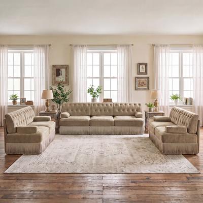GDFStudio - Chesterfield 3-Piece Velvet Upholstered Sofa Set with Button Tuft & Tassel Skirt
