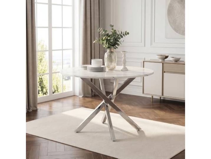 XINGNING Runder Esstisch mit Glasplatte Modernes Design Gehärtetes Glas und Galvanisierte Tischbeine für Esszimmer Küche und Wohnzimmer (Silver+White + MDF)