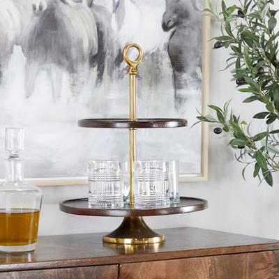 ARCILLA ELEMENTAL Dark Brown Mango Wood Tiered Server with Aluminum Bases or Gold Stand - 2 Tier or 3 Tier