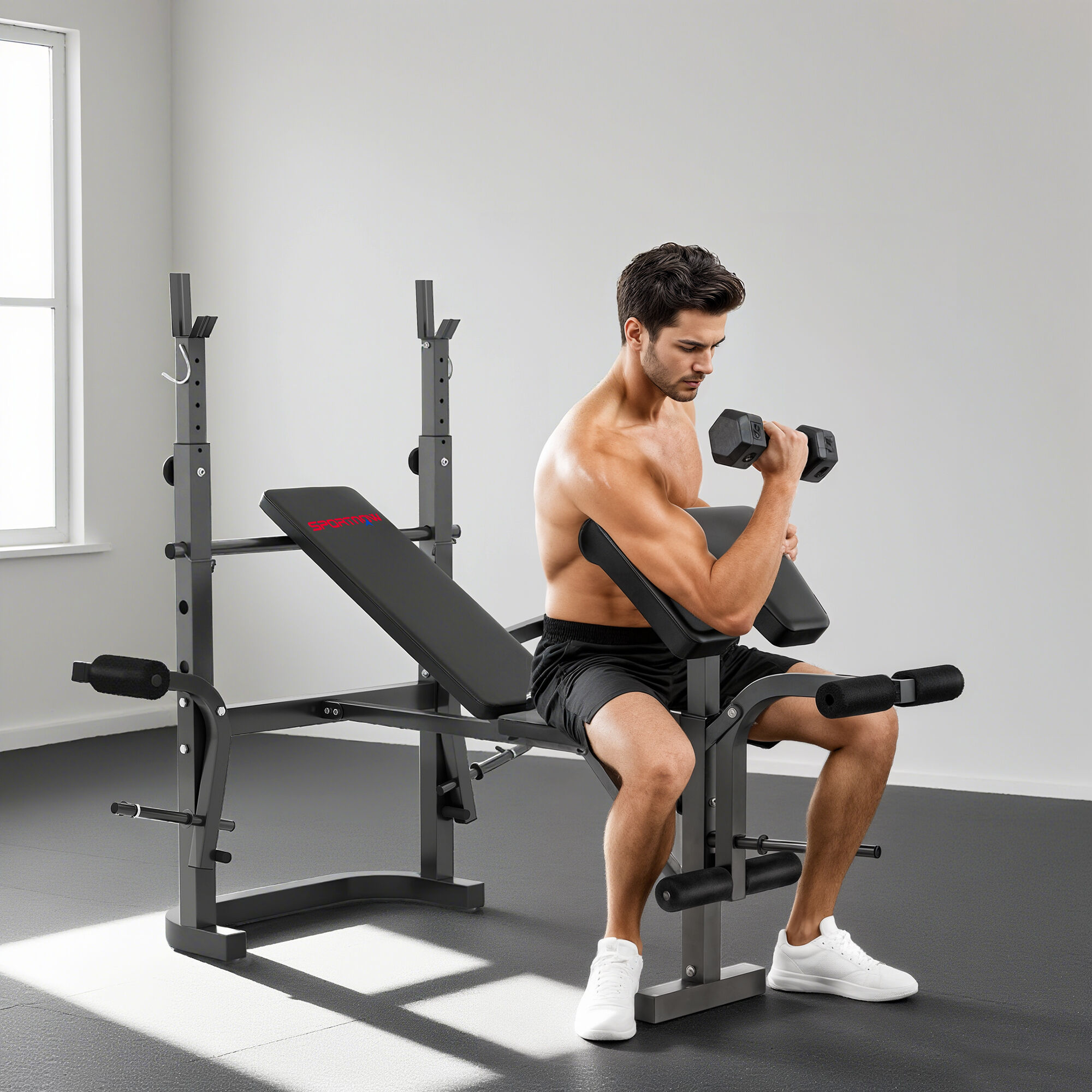Altro Panca Palestra Multifunzione Regolabile Con Rack Bilanciere Con Leg Extension, Low Row, Arm Curl, Nero