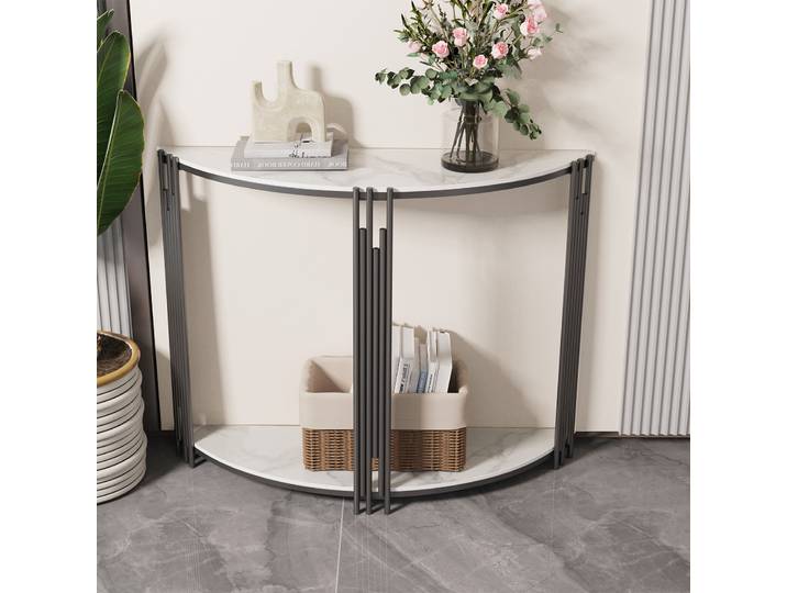 Table console demi-lune LUVODI avec rangement, plateau en pierre frittée, table d'entrée semi-circulaire pour la décoration de la maison