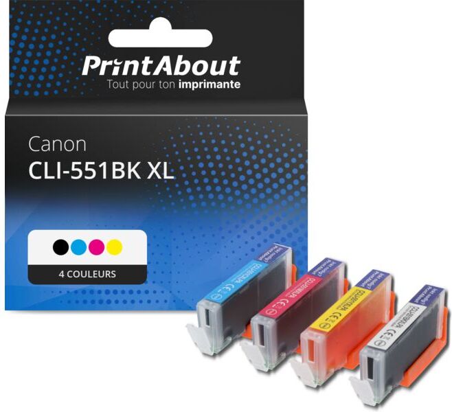 PrintAbout Cartouche compatible Canon CLI-551 C/M/Y/BK XL - 4 couleurs - Grande capacité - Multipack 4 couleurs