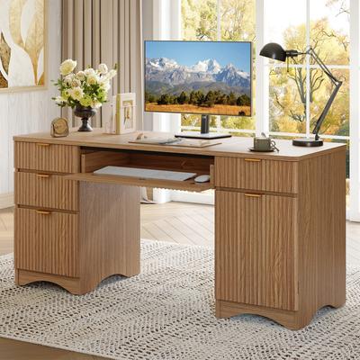 Bestier "59"" Fluted Wood Executive Desk with Flip Keyboard Tray, 4 Drawers & Magnetic Storage Cabinet, Home Office Writing Desk"