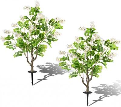 Costway 2 Pack Artificial Locust Flower Trees 39 Inch Fake Evergreen Shrubs with Ground Spikes-White