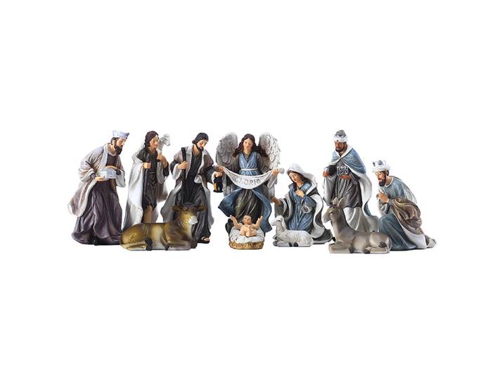 Ensemble de crèche de la Nativité catholique grise, ornements religieux, décoration, artisanat en résine, 11 pièces par ensemble