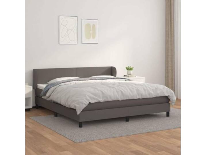 Boxspringbett Kunstleder 180 x 200 cm, Grau mit Matratze schlichtes Design höhenverstellbares Kopfteil mit Ohren, Taschenfederkernmatratze 180 x 200 cm, Topper inklusive, Schlichtes Design