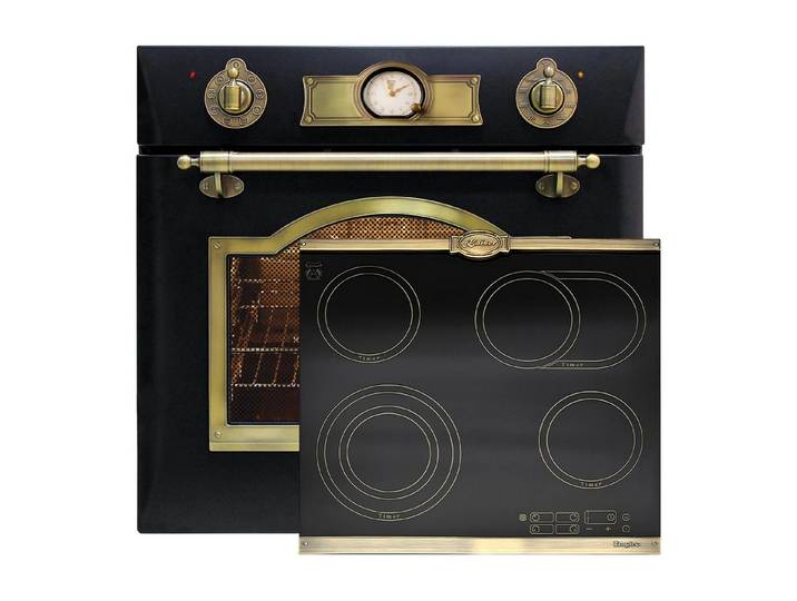 Kaiser Küchengeräte Backofen-Set Herd Set Autark Elektro Backofen, Selbstreinigung, Drehspieß, 8 Funktionen mit Glaskeramik Kochfeld 60 cm Einbau Herd 4 QuickHeat-Kochzonen Hi-Light Schwarz EH 6355 Em+KCT 6185 Em, mit 1-fach-Teleskopauszug, Retro Elektro Einbau Backofen Autark 60cm +Glaskeramik Kochfeld 60cm