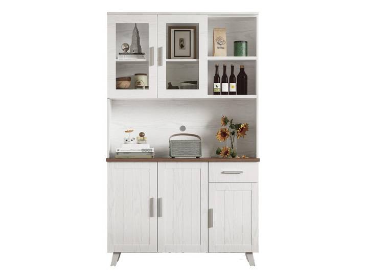Evryae Buffet mit 5 Türen Glastüren Schublade offenen Fächern Weiß 114/40/190 cm, 3 Fächer, Rechteckig,Rechteckig, eckig, 114x190x40 cm, Esszimmer, Anrichten, Buffetschränke