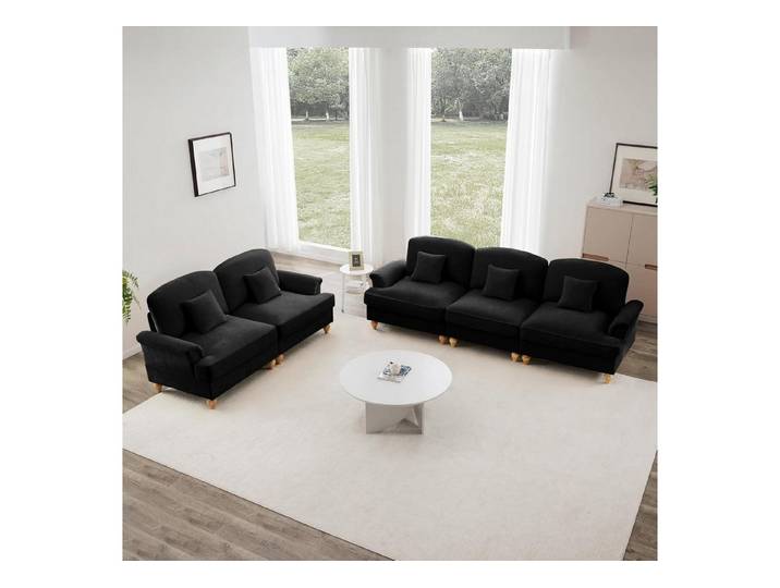 LuxusKollektion Wohnlandschaft Sofa 3 Sitzer Chenille Stoff Holzbeine Schwarz 3-Seat & 2-Seat