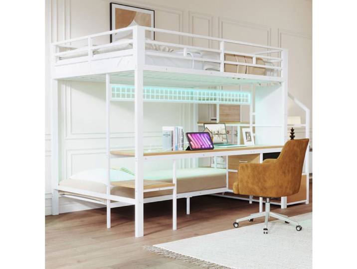 Lit mezzanine multifonction avec bureau LED et rangements AESVAR 140 x 200 cm métal blanc