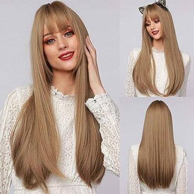 Perücke mit Pony für Frauen, lange, glatte, geschichtete Perücken, synthetische, geschichtete Frisur für Mädchen, Partys, Cosplay und den täglichen Gebrauch (