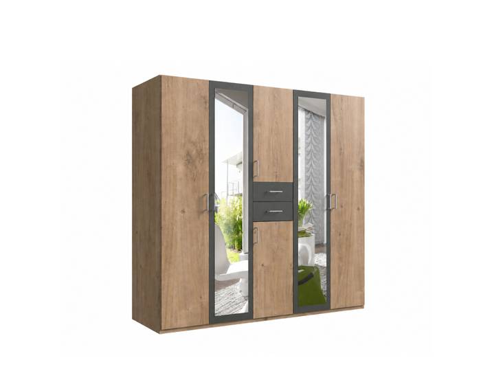 Drehtürenschrank Kleiderschrank 225 cm Schubkästen Spiegel Eiche Dekor und Grafit / 22592