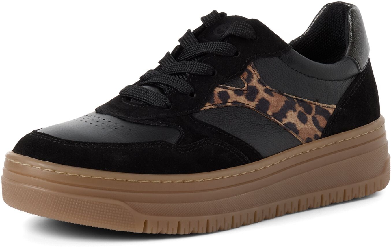 Plateausneaker TAMARIS, Damen, Gr. 39, Textil, schwarz, leo, Leder, Lederimitat, unifarben mit Farbeinsatz, Basic, Schuhe Plateausneaker, Freizeitschuh, Plateausneaker im angesagtem Look