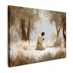 LEINWANDBILD Jesus - Kniend - Waldlandschaft - Betend Wandbilder 80x60 cm