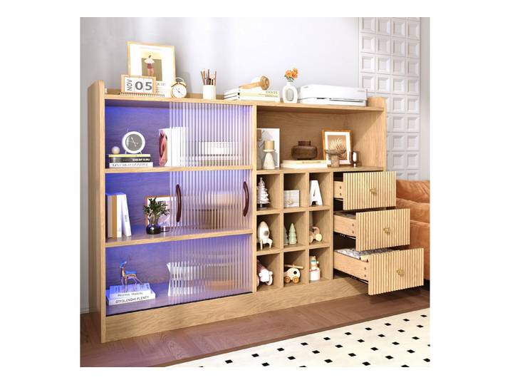 Fine Life Pro Sideboard Retro-Stauraumschrank, Schachbrett-Weinregal, LED, Glastüren