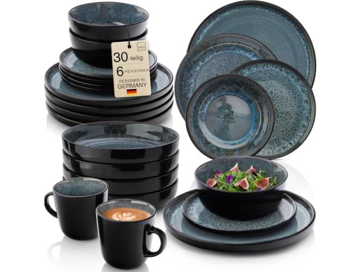 SÄNGER Manila Steingut Geschirrset 6 Personen, Teller Set 30-tlg Blau