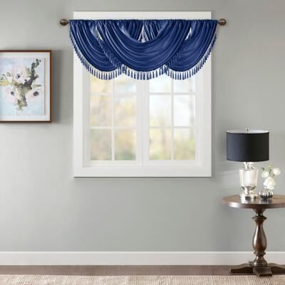 "Madison Park Elena Faux Silk Waterfall Embellished Tassel Trim Single 38x46"" Window Valance - 38 x 46"""
