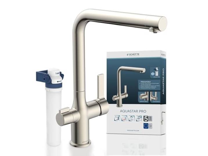 SCHÜTTE 99805 AQUASTAR PRO Trinkwasser-Spültischarmatur mit Filtersystem, 3 Wege Küchenarmatur, Küchenarmatur mit Wasserfilter gegen Kalkrückstände und Schwermetalle, Edelstahloptik