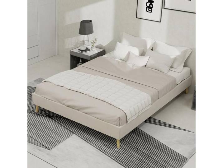 Lit - KOMHTOM - Lit moderne minimaliste - 140x200 cm - Velours hollandais - Sommier bas